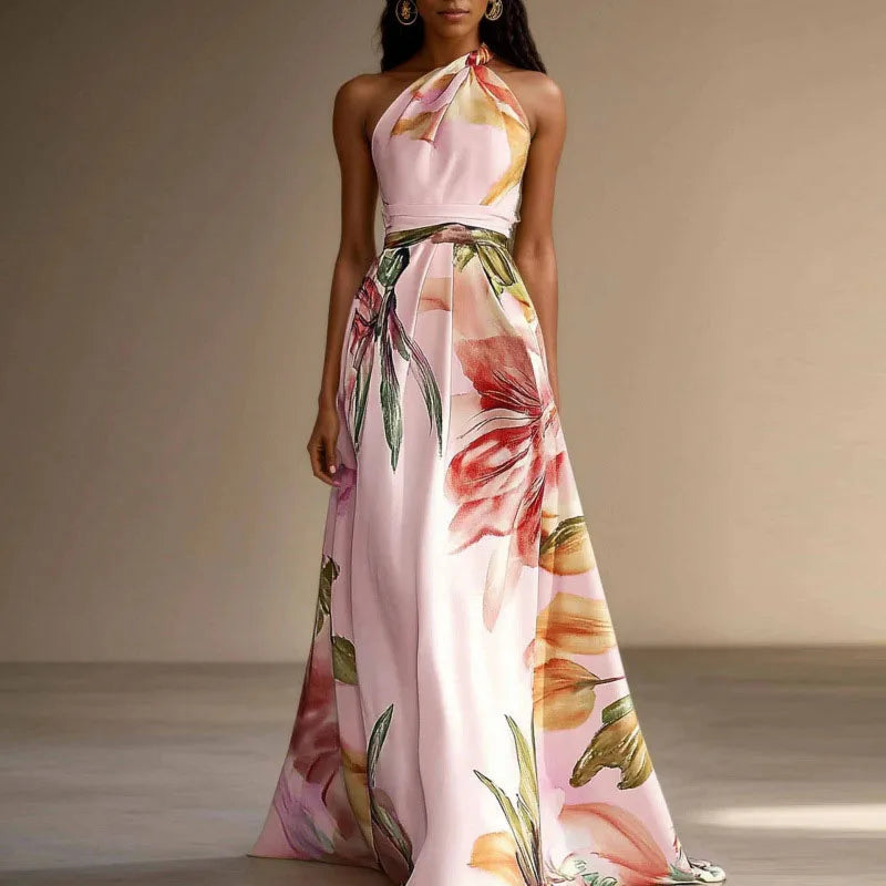 Vestido Largo Floral Halter - Rosa
