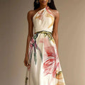 Vestido Largo Floral Halter - Blanco